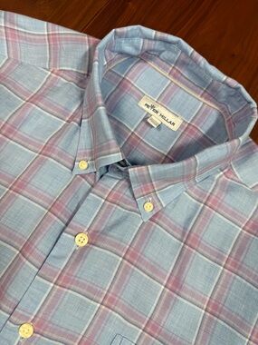 Peter Millar Blue and Pink Plaid Button-Down Shirt